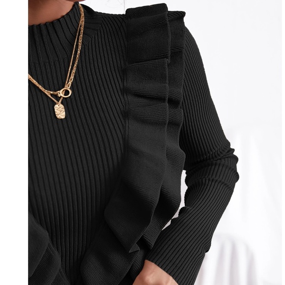 Classic Black Ribbed Fitted Ruffle Detail Long Sleeve Sweater - Picture 2 of 5